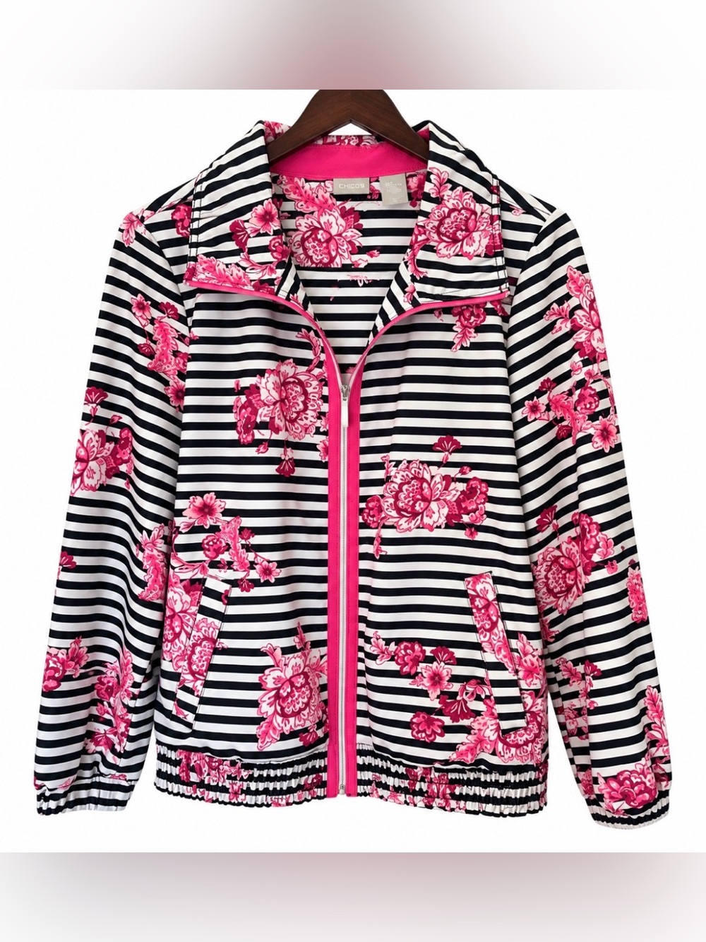 Chico's Black & White Striped with Pink Floral Print